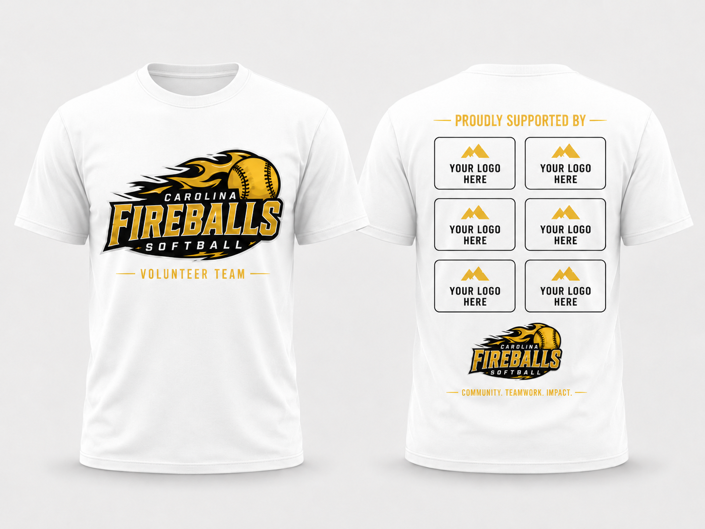 White Carolina Fireballs volunteer shirt sponsor mockup